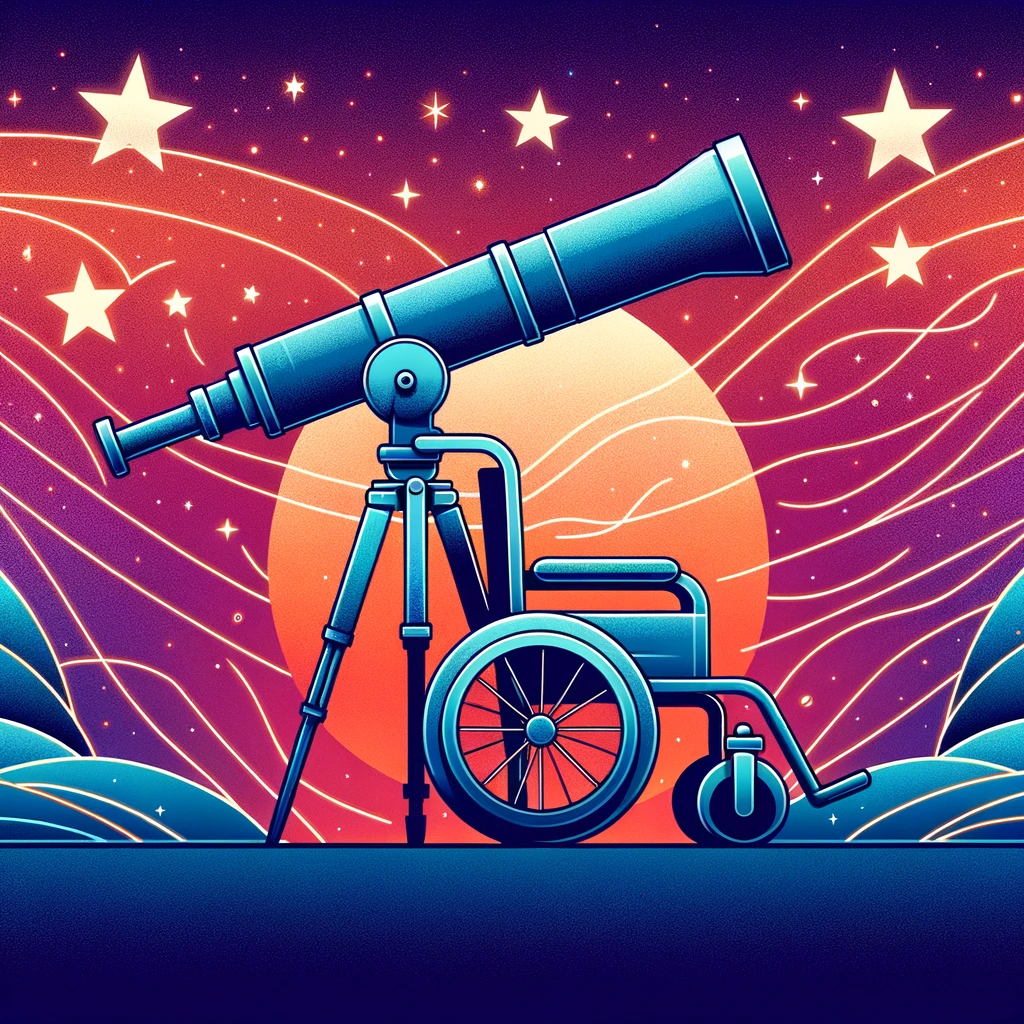 Un fauteuil roulant avec un téléscope, c'est une métaphore pour la recherche en lien avec le handicap